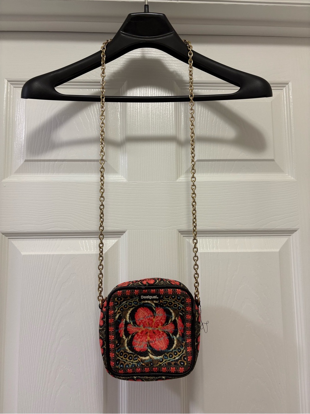 Desigual Black Crossbody with Red Floral Embroidery and Gold Chain
